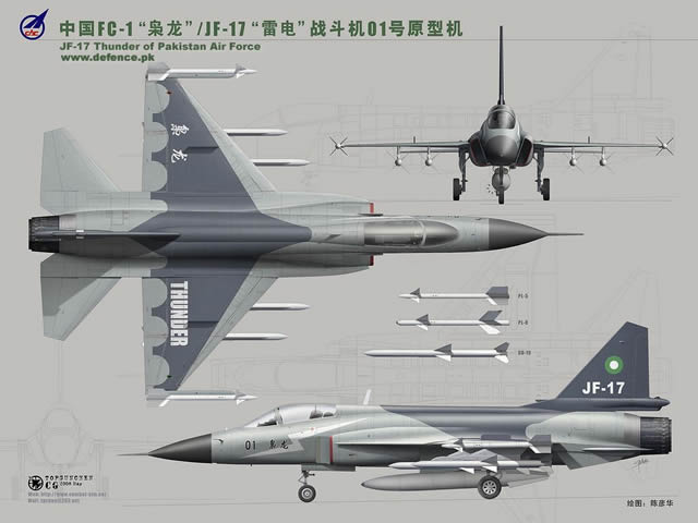 The JF-17 Thunder is a light-weight, single-engine, multi-role combat aircraft developed jointly by the Pakistan Air Force, the Pakistan Aeronautical Complex (PAC) and the Chengdu Aircraft Industries Corporation (CAC) of China. Its designation "JF-17 Thunder" by Pakistan is short for "Joint Fighter-17", while the designation "FC-1 Xiaolong" by China means "Fighter China-1 Fierce Dragon".