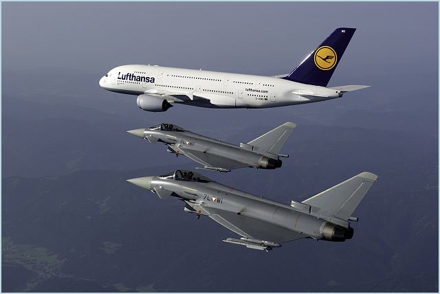 On Monday the 22nd of August, after Vienna's Mayor Dr. Häupl christened the new Lufthansa A380 “Wien” at the hub of Austrian Airlines, two Austrian Eurofighters conducted a QRA training interception of the new Airbus on its flight through Austrian airspace. The Eurofighters, scrambling from their base in Zeltweg/Styria, intercepted and flew in formation with the A380. 