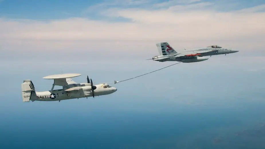 US Navy conducts first fleet aerial refueling dry plug certification between E 2D Advanced Hawkeye and FA 18F Super Hornet